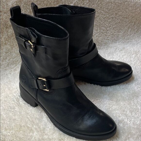 Tory Burch Black Leather Moto Boots Buckle Strap Ankle/Mid-Calf Boots Sz 7.5 - Picture 1 of 16